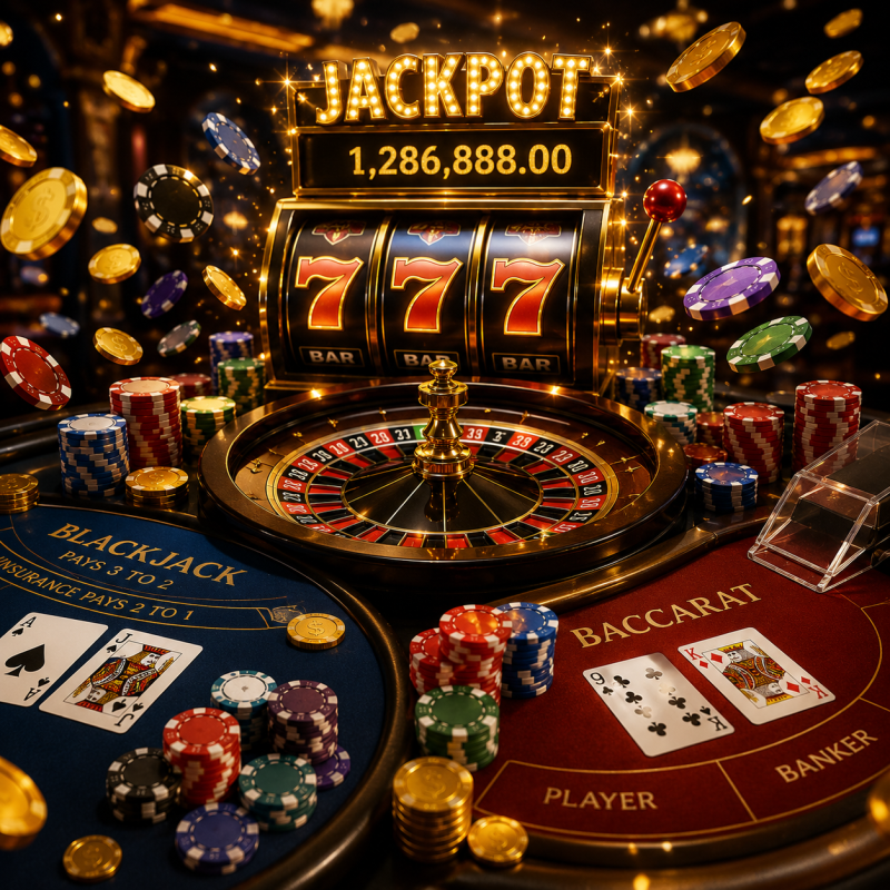 Square luxury online casino image featuring a glowing 777 slot machine, roulette wheel, blackjack table, baccarat table, poker chips, gold coins, and jackpot display in a premium casino environment.