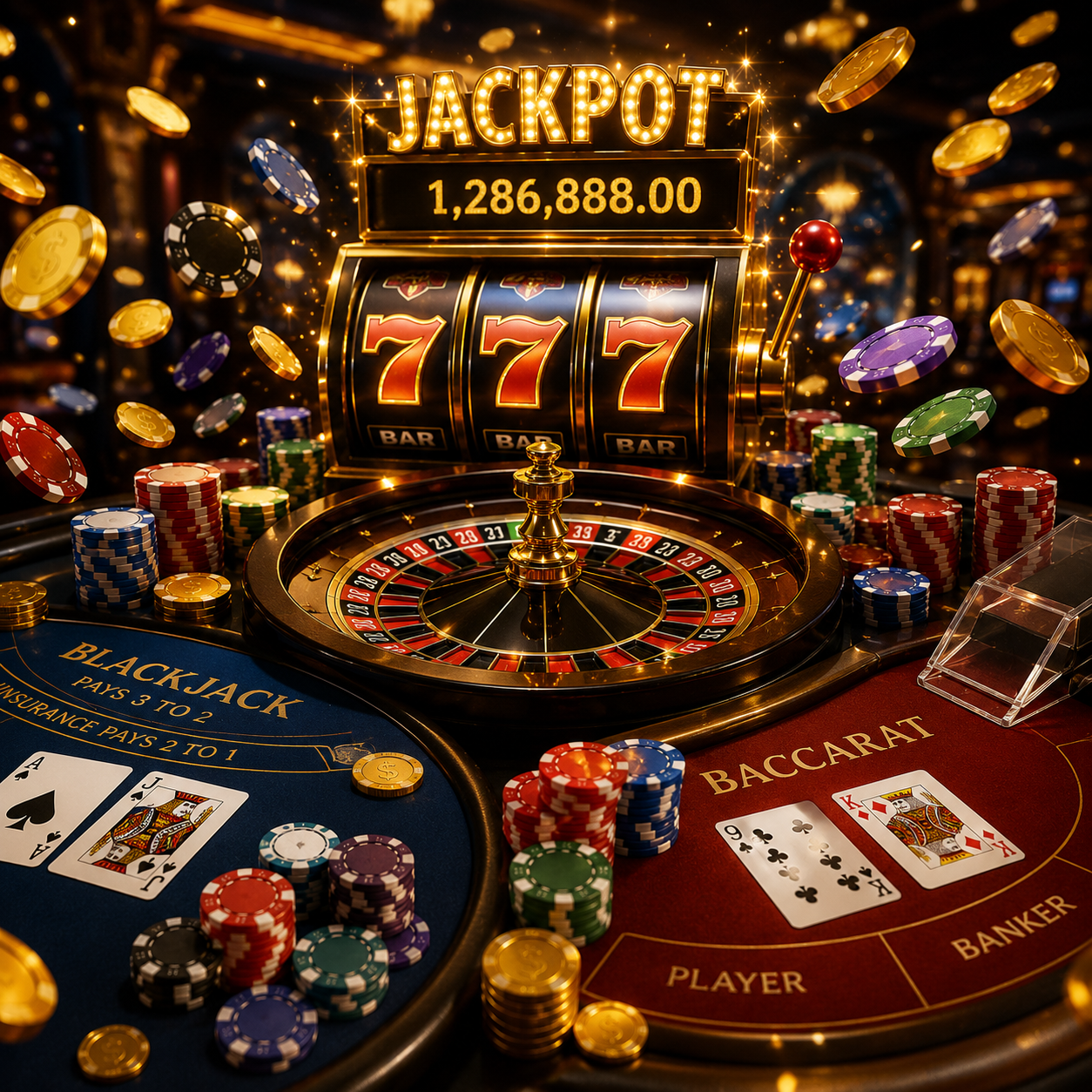 Square luxury online casino image featuring a glowing 777 slot machine, roulette wheel, blackjack table, baccarat table, poker chips, gold coins, and jackpot display in a premium casino environment.