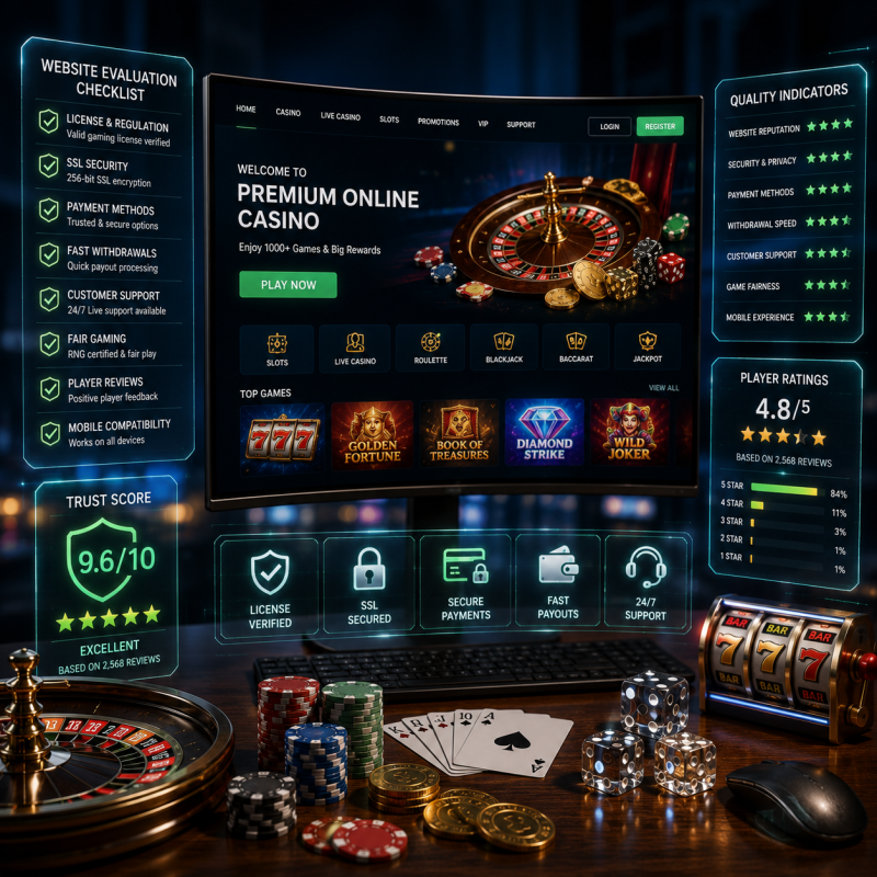 premium online casino website evaluation dashboard with licensing verification, SSL security, trusted payment methods, player ratings, website quality indicators, roulette wheel, poker chips, playing cards, and a 777 slot machine in a professional digital workspace.