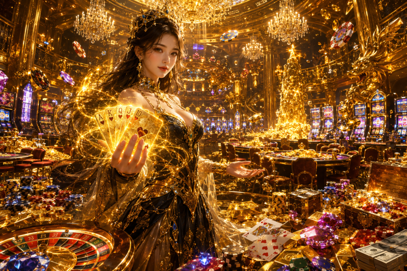 Beautiful Asian casino queen in elegant black and gold attire holding glowing royal flush cards inside a luxurious golden online casino filled with slot machines, roulette tables, poker chips, gold coins, treasure chests, gemstones, and VIP gaming halls.