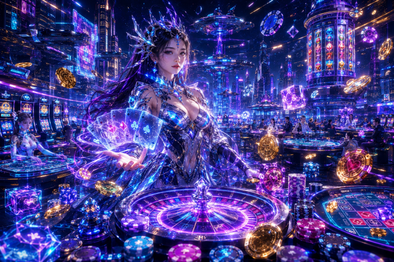 Futuristic cyberpunk online casino featuring an elegant Asian cyber queen, holographic slot machines, glowing roulette wheel, blackjack and baccarat tables, floating poker chips, digital gold coins, and a vibrant neon megacity skyline.