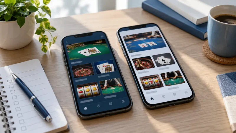 Two phones displaying different online casino site layouts beside a comparison checklist