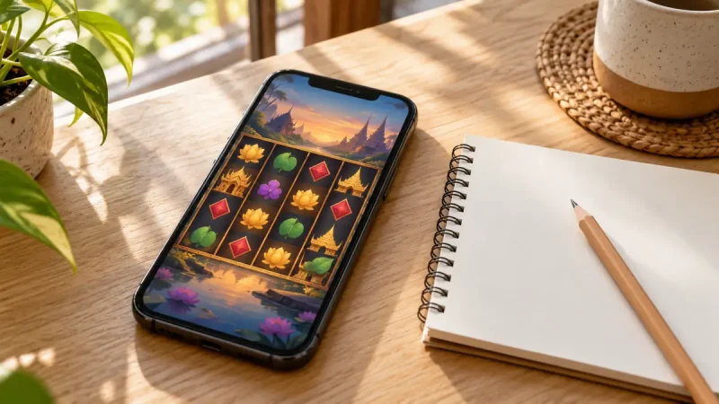 Phone showing a slot game beside a blank notebook and pencil