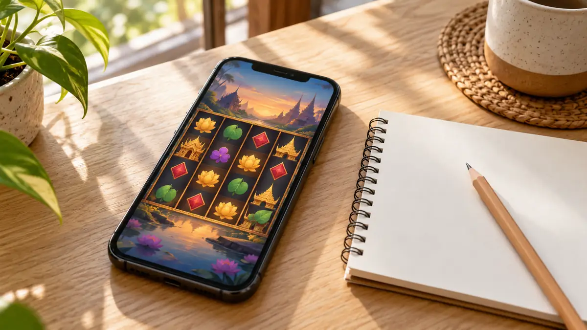 Phone showing a slot game beside a blank notebook and pencil