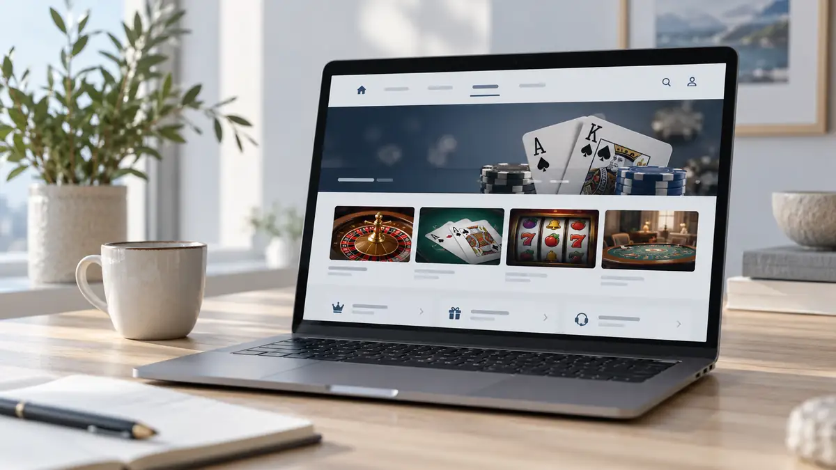Laptop displaying a casino website navigation and game categories