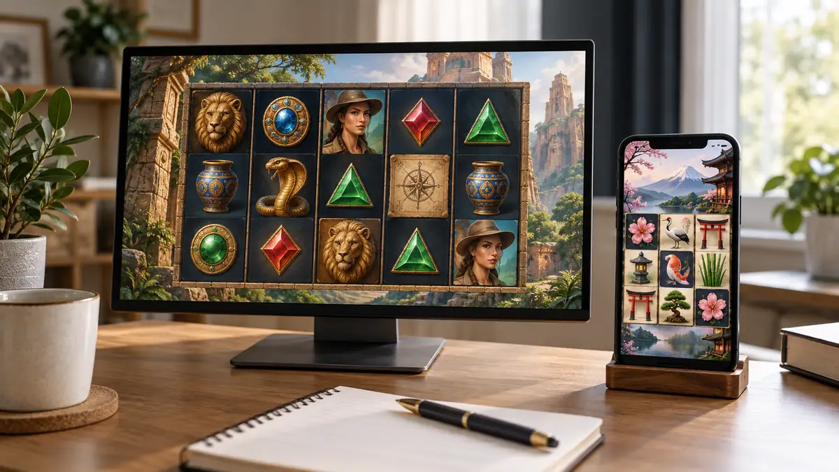 Monitor and phone showing two different slot game layouts