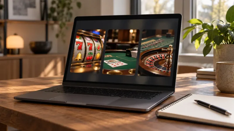 Laptop showing slot, live dealer and table game categories
