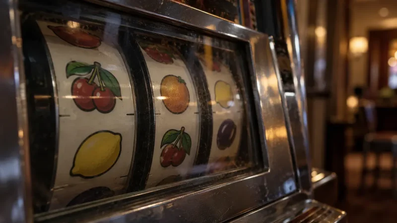 Slot machine reels illustrating RTP, volatility and game features