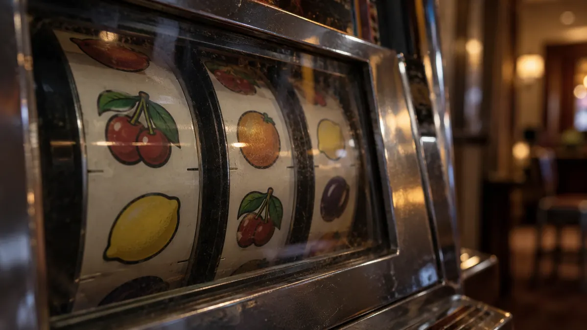 Slot machine reels illustrating RTP, volatility and game features